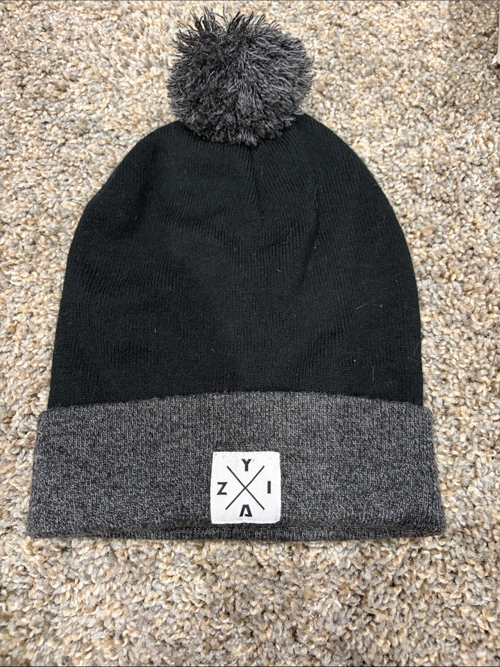 Black & Gray Pom Cuff Beanie Hat